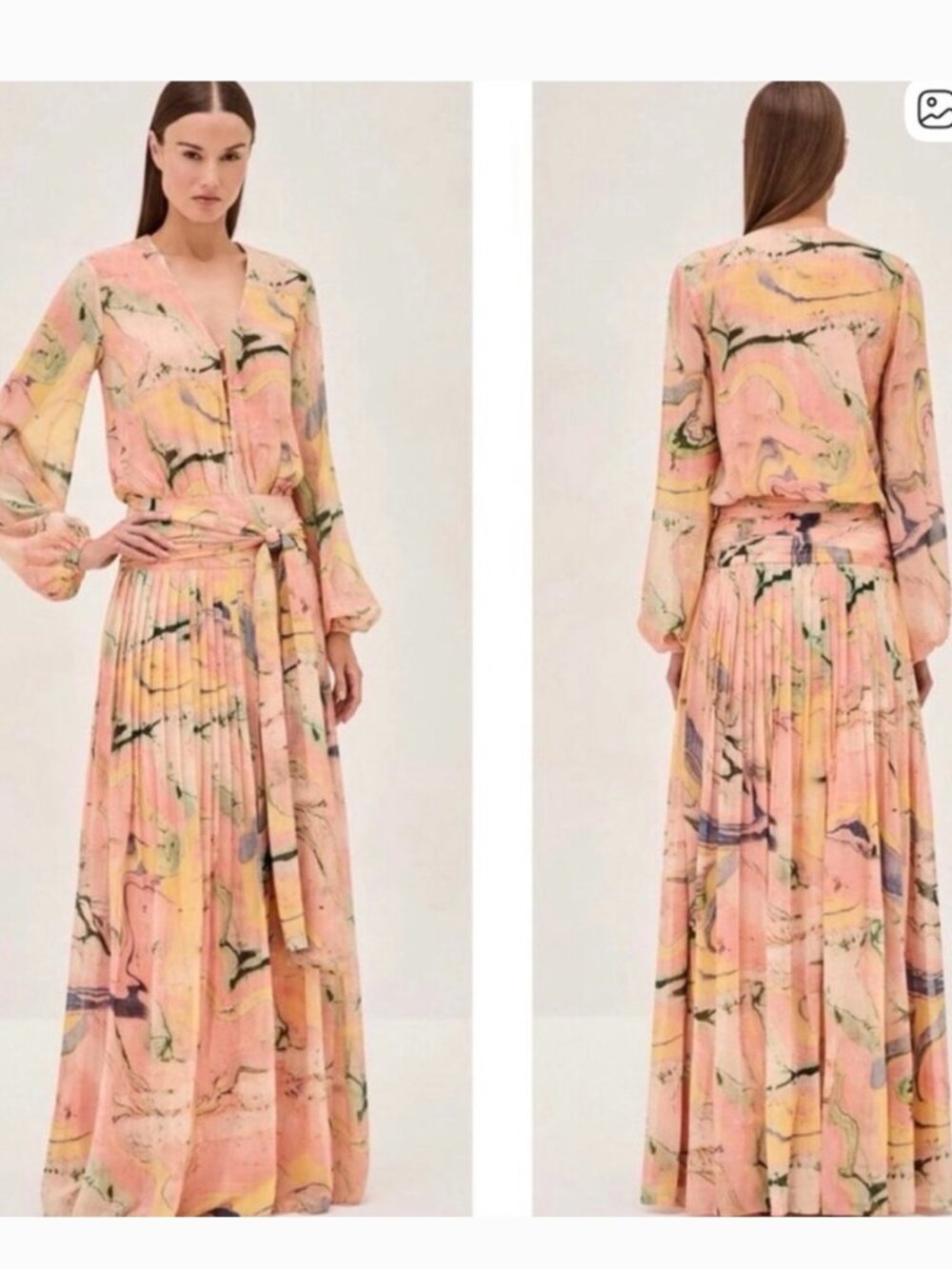 ALEXIS Diane Long Sleeve Deep V Neckline Pleated Watercolor Maxi Dress Size S